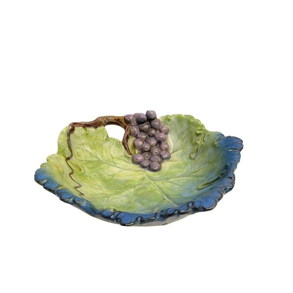 VTG Green Grape Leaf Takahashi San Francisco Pottery Ceramic Majolica Style Bowl - Picture 1 of 16